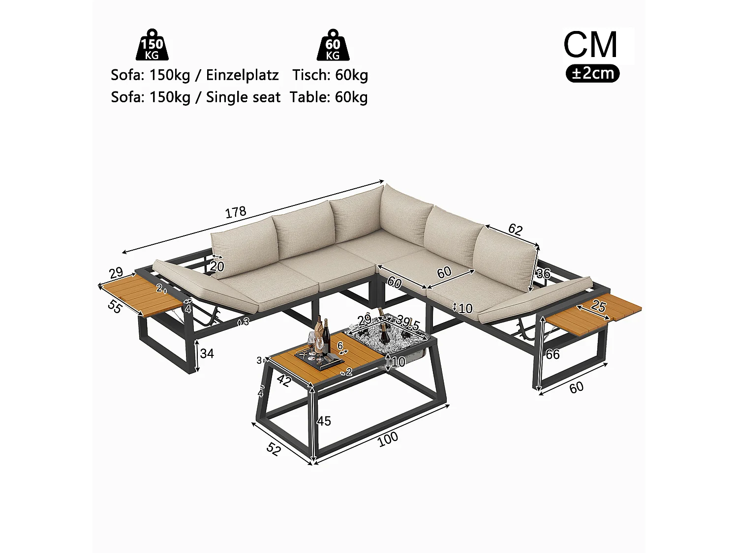 Tuinset - met kussens + tafel + bank met verstelbare rugleuning en inklapbare armleuningen - metaal - beige