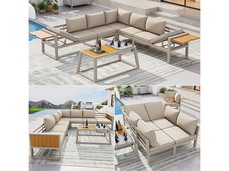 Tuinset - met kussens + tafel + bank met verstelbare rugleuning en inklapbare armleuningen - metaal - beige