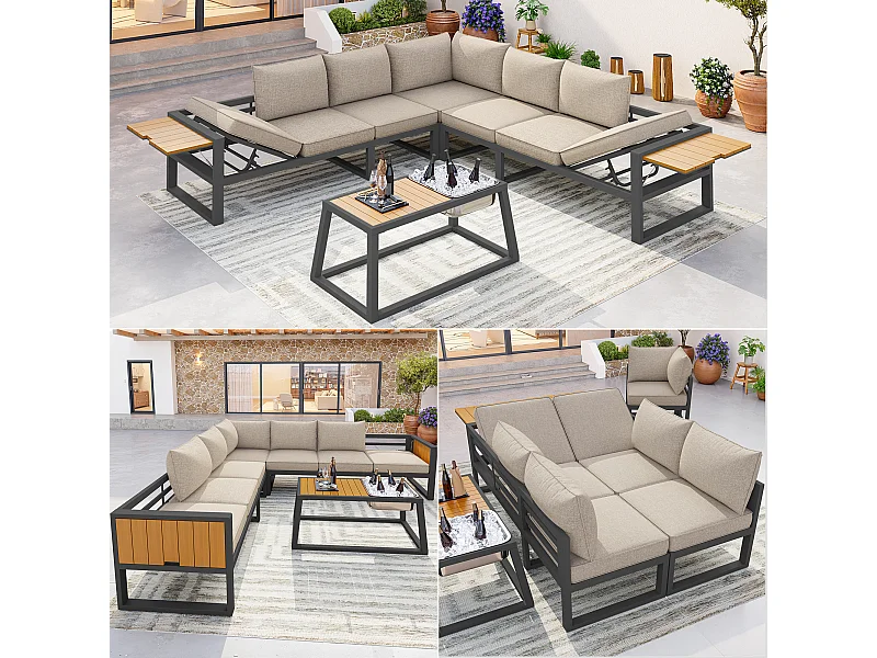 Ensemble de salon de jardin - avec coussins + table + canapé avec dossier réglable et accoudoirs rabattables - métal - beige