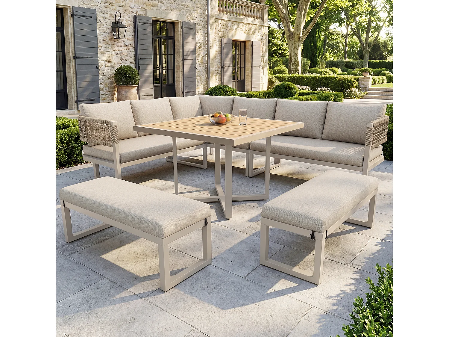 Tuinset - met zit- en rugkussens + tafel + sofa + 2 banken - metaal - beige