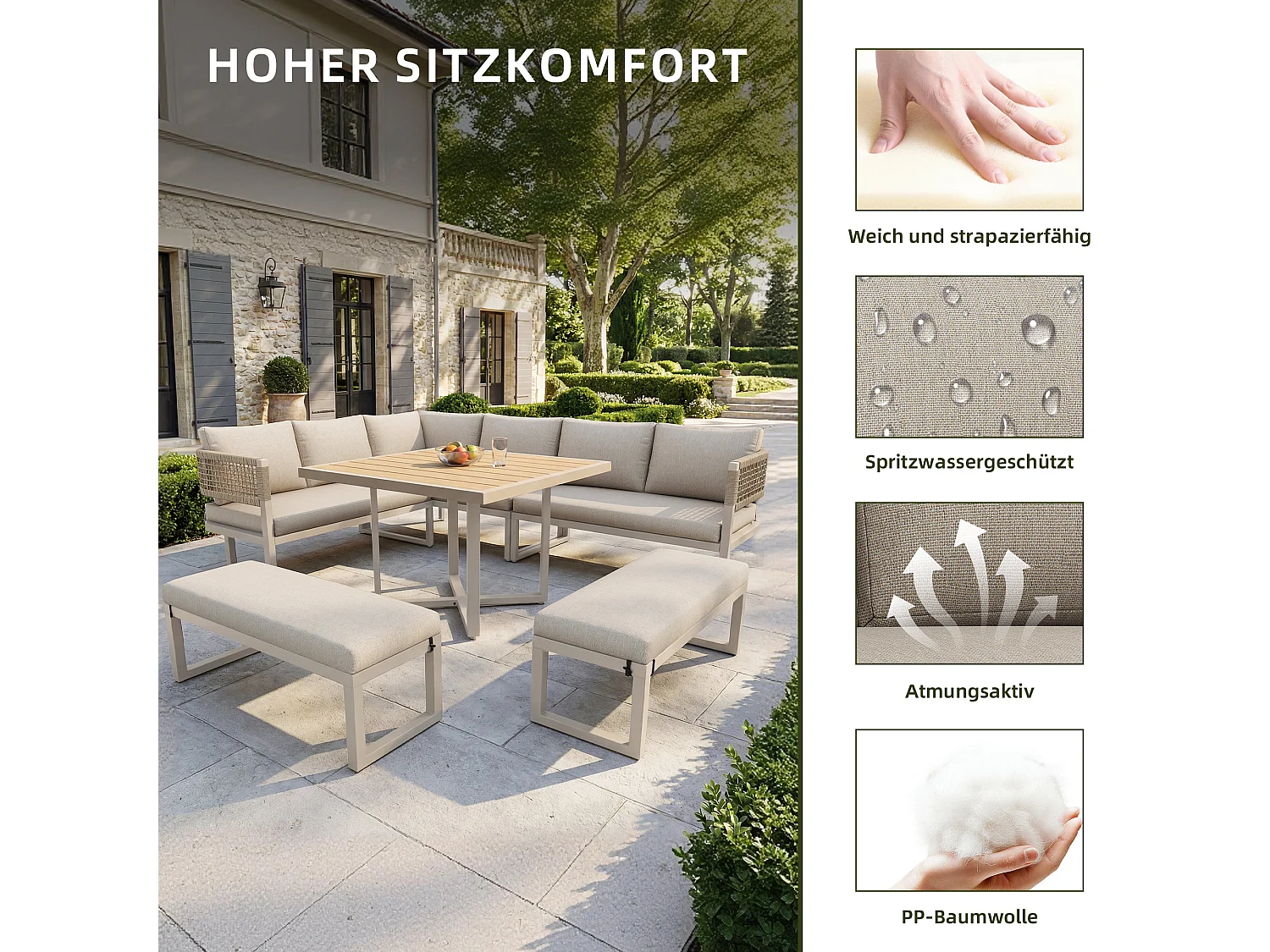 Tuinset - met zit- en rugkussens + tafel + sofa + 2 banken - metaal - beige