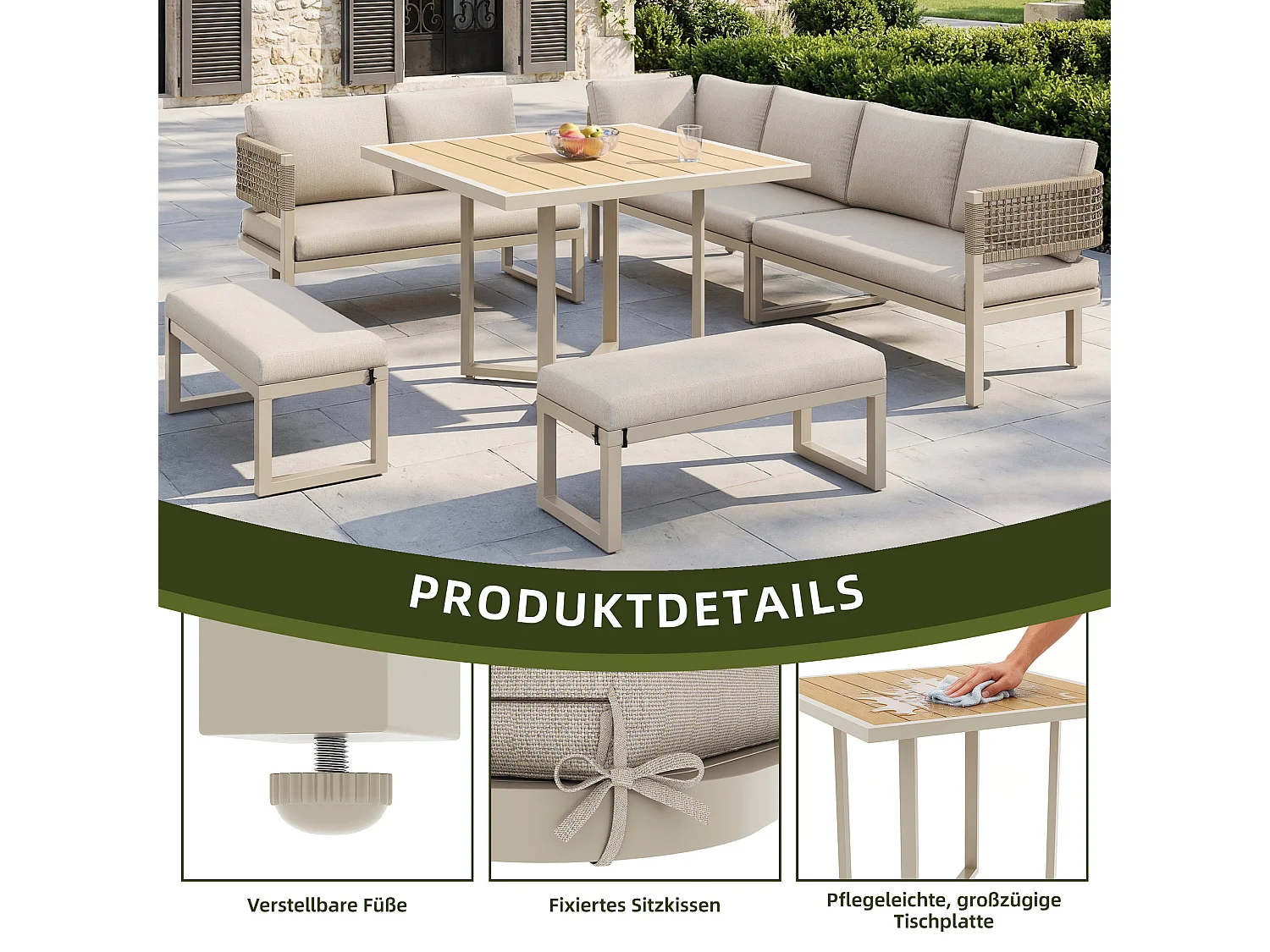 Tuinset - met zit- en rugkussens + tafel + sofa + 2 banken - metaal - beige