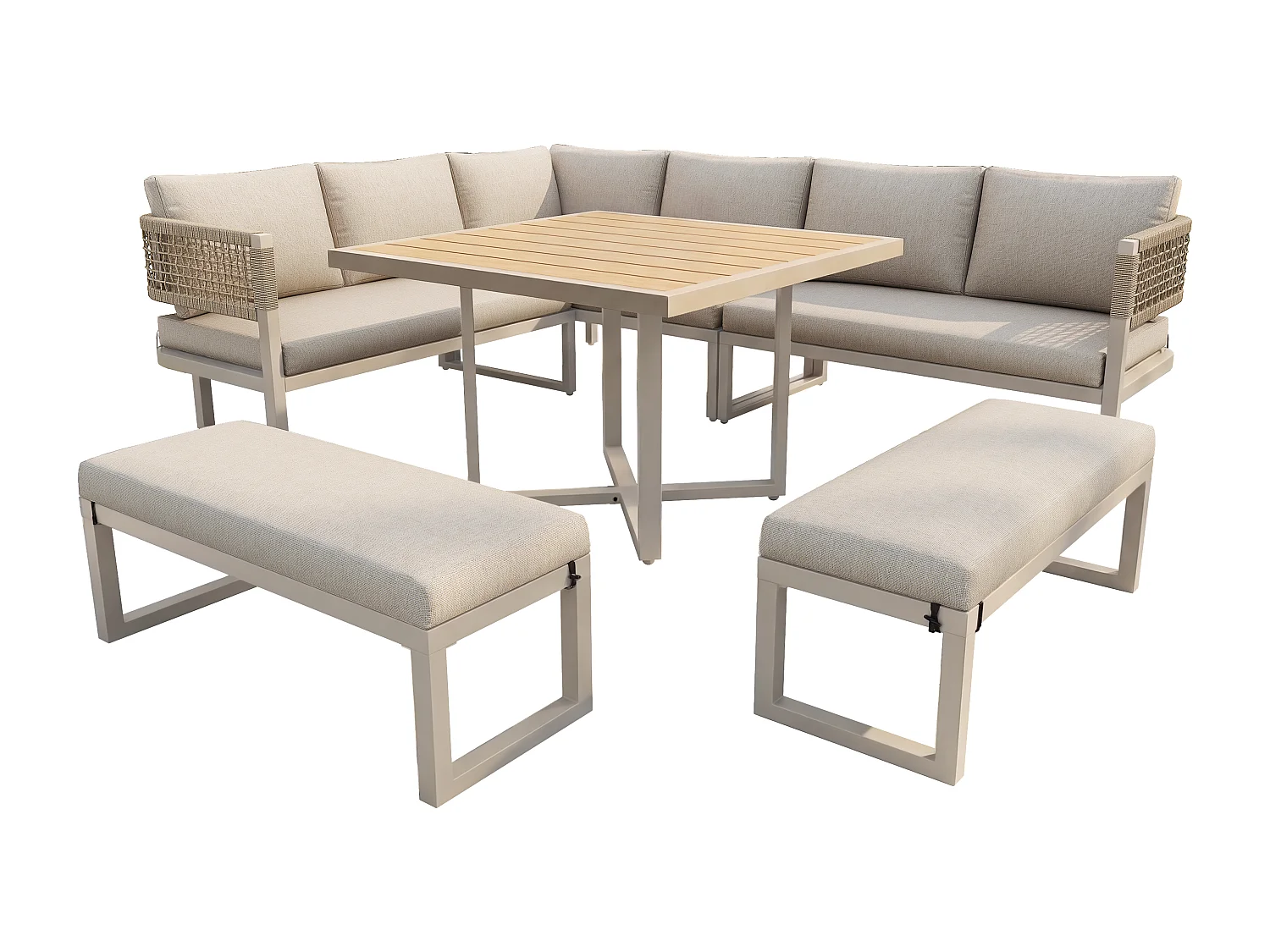 Tuinset - met zit- en rugkussens + tafel + sofa + 2 banken - metaal - beige