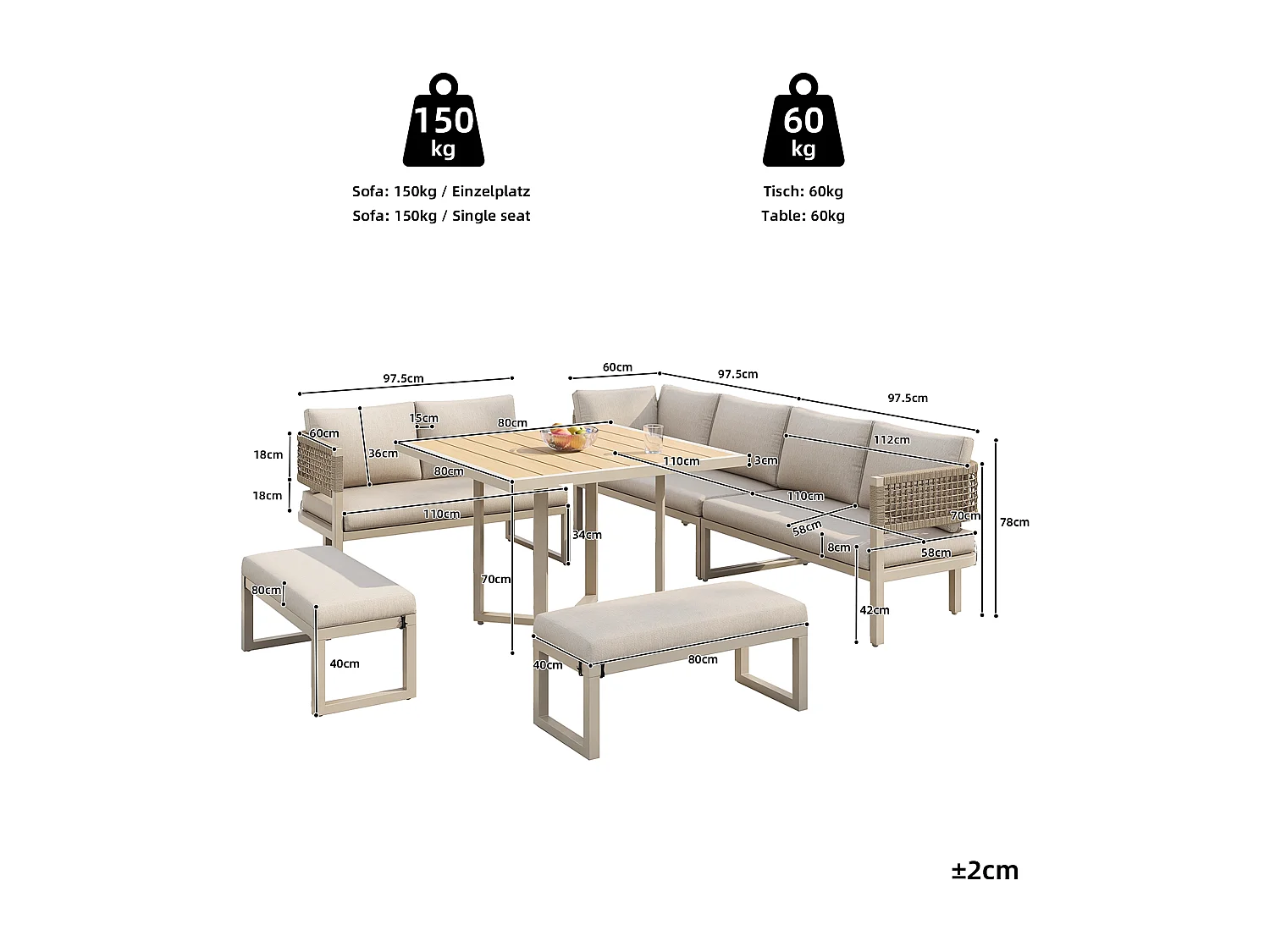 Tuinset - met zit- en rugkussens + tafel + sofa + 2 banken - metaal - beige
