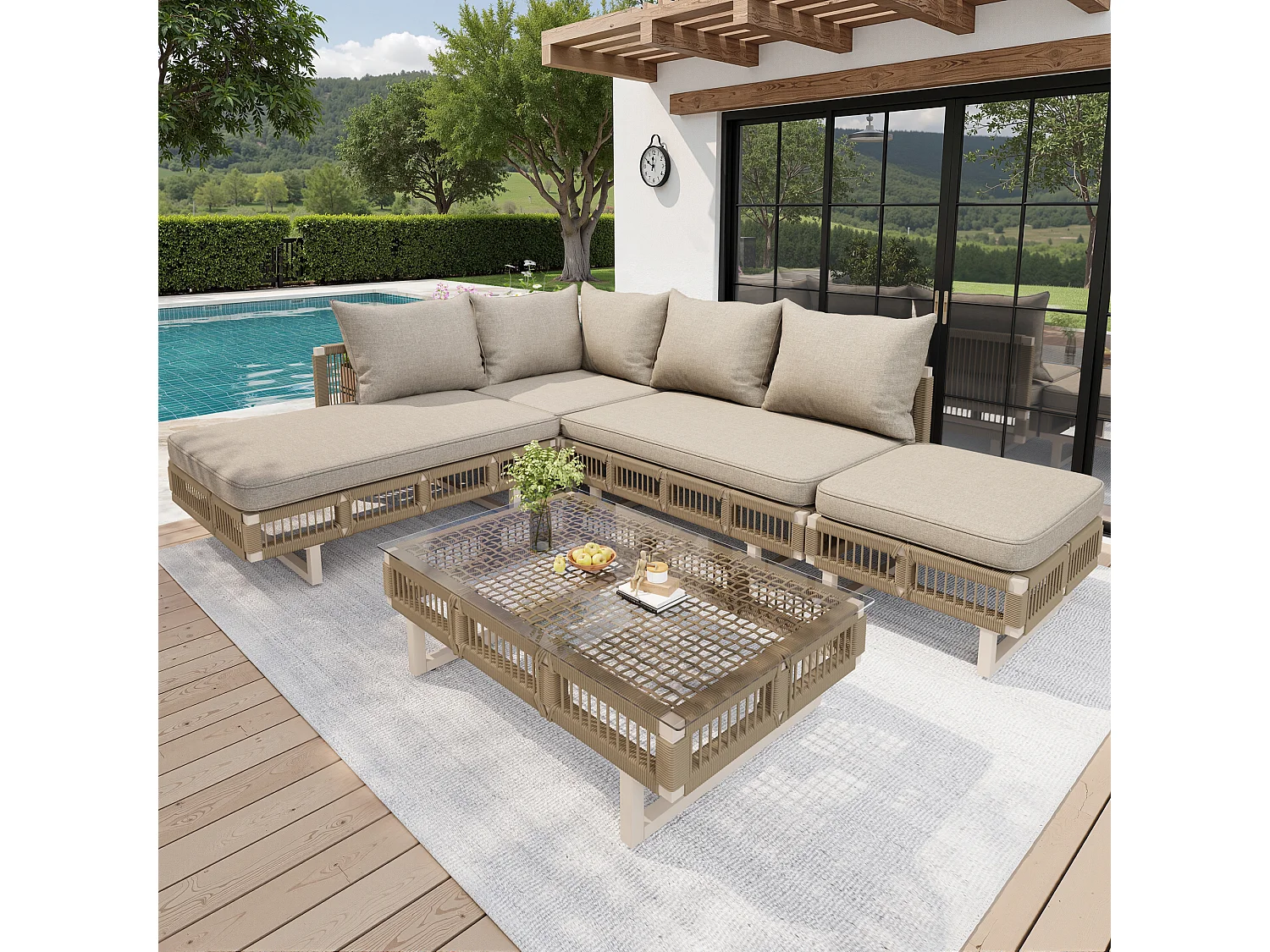 Gartenmöbelset – mit Kissen, Glastisch, Sonnenliege und Sofa – Metall – beige