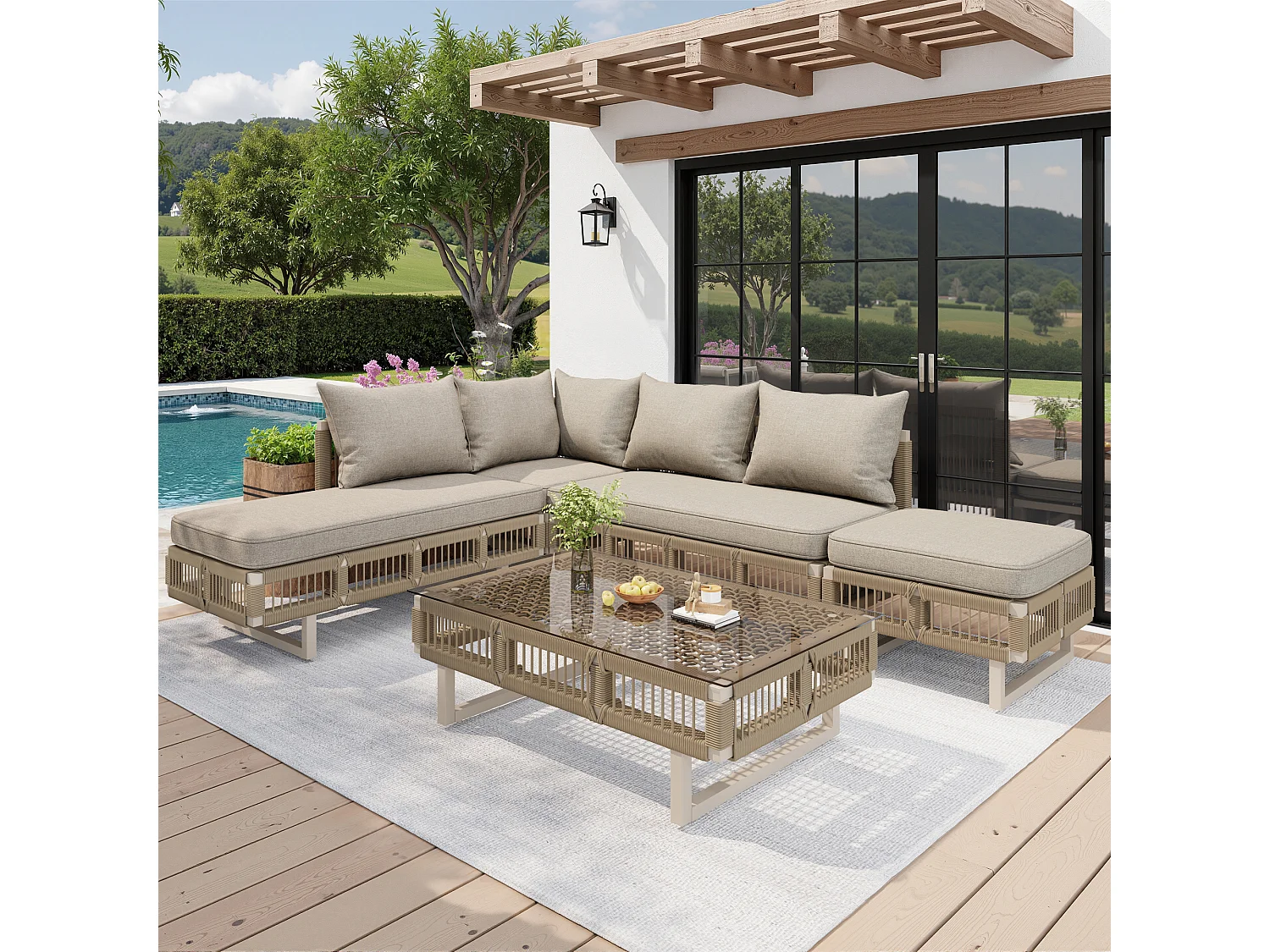 Gartenmöbelset – mit Kissen, Glastisch, Sonnenliege und Sofa – Metall – beige