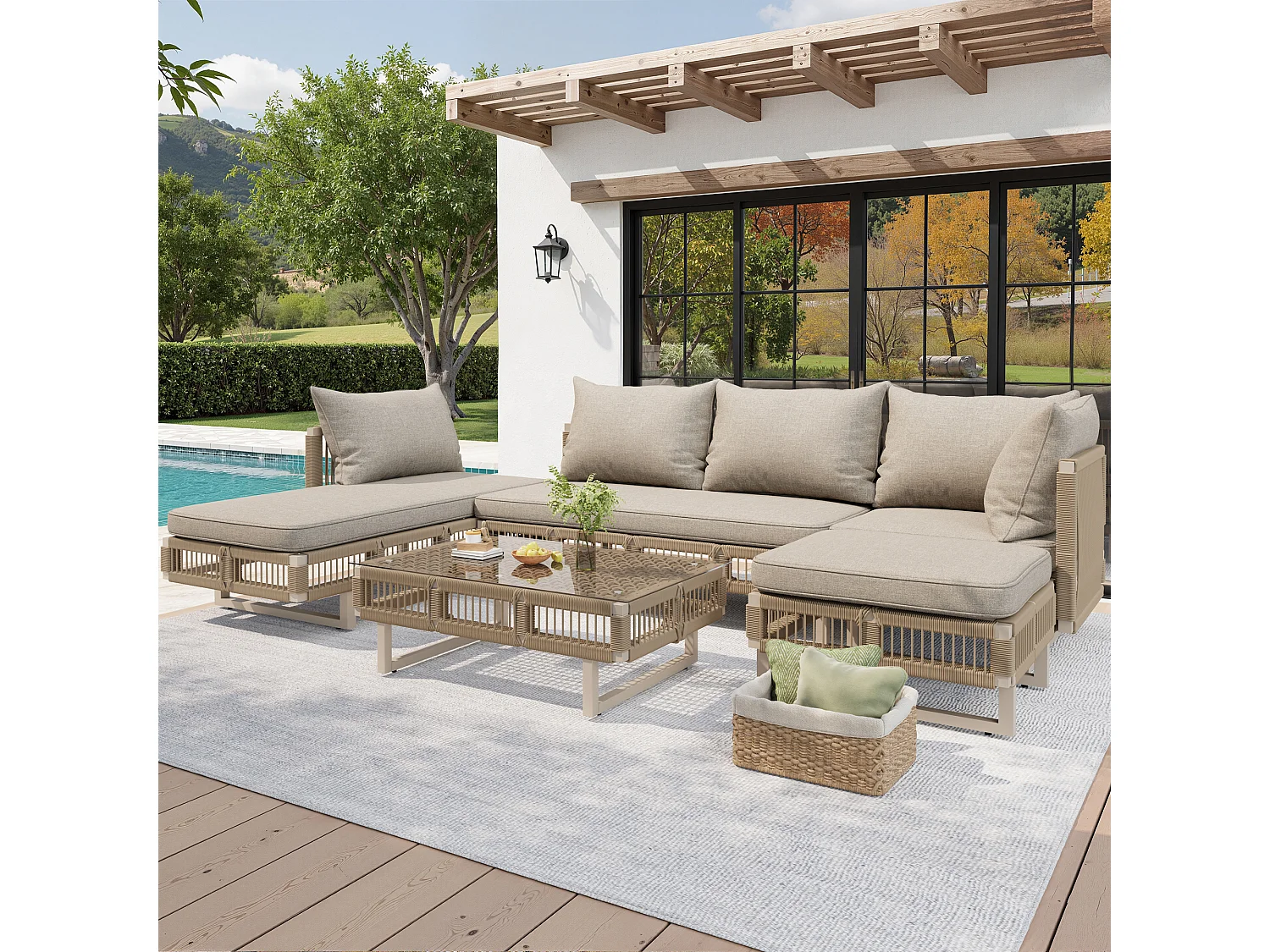 Gartenmöbelset – mit Kissen, Glastisch, Sonnenliege und Sofa – Metall – beige