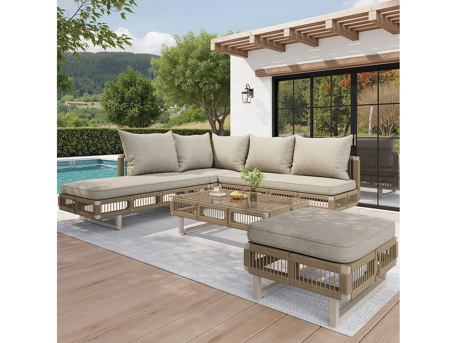 Gartenmöbelset – mit Kissen, Glastisch, Sonnenliege und Sofa – Metall – beige