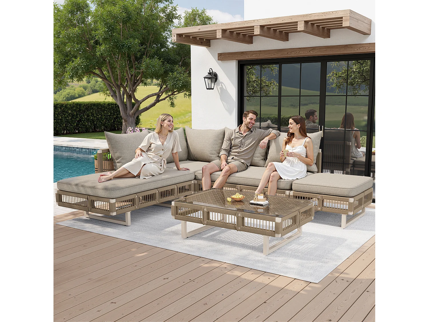 Gartenmöbelset – mit Kissen, Glastisch, Sonnenliege und Sofa – Metall – beige