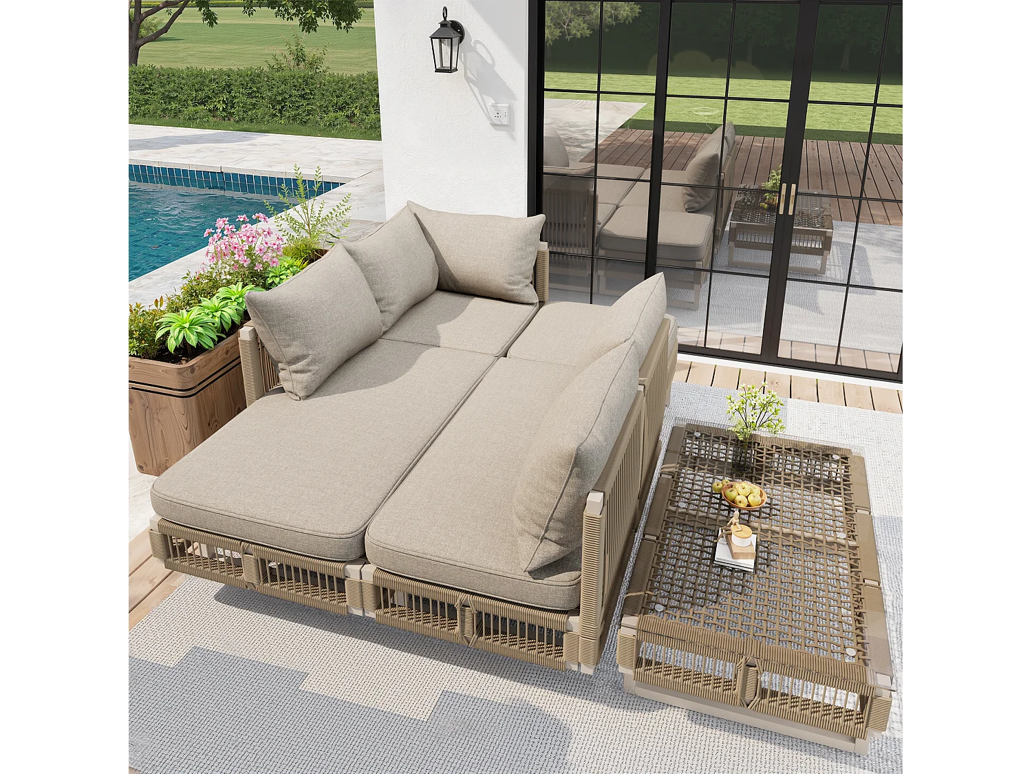 Gartenmöbelset – mit Kissen, Glastisch, Sonnenliege und Sofa – Metall – beige