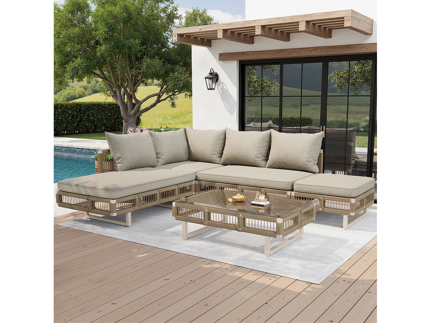 Gartenmöbelset – mit Kissen, Glastisch, Sonnenliege und Sofa – Metall – beige