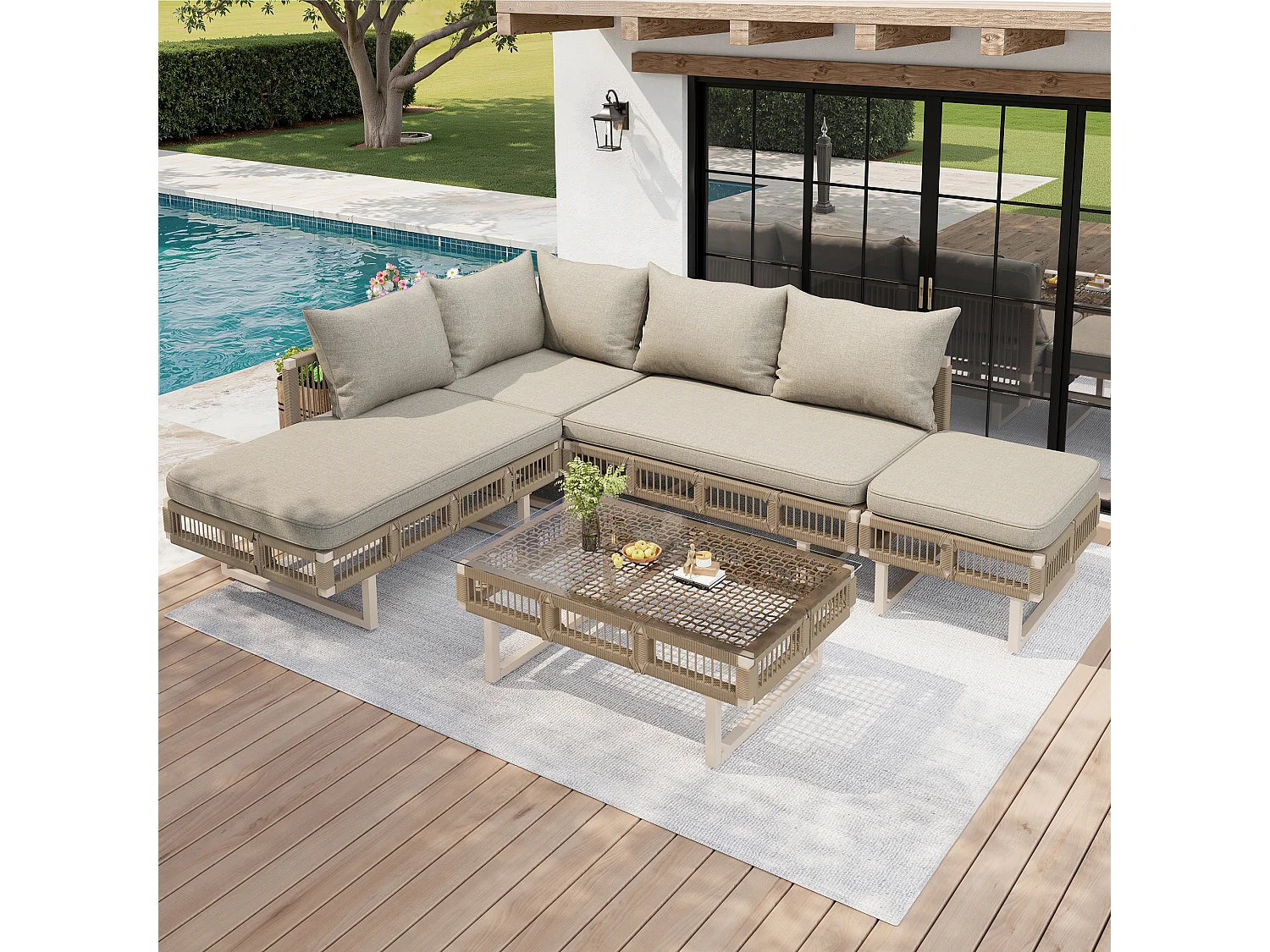Gartenmöbelset – mit Kissen, Glastisch, Sonnenliege und Sofa – Metall – beige