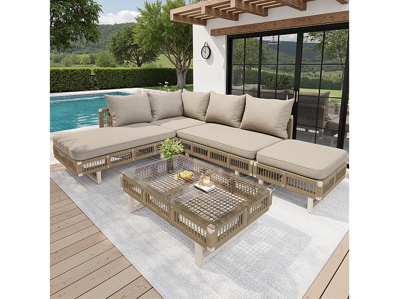 Gartenmöbelset – mit Kissen, Glastisch, Sonnenliege und Sofa – Metall – beige