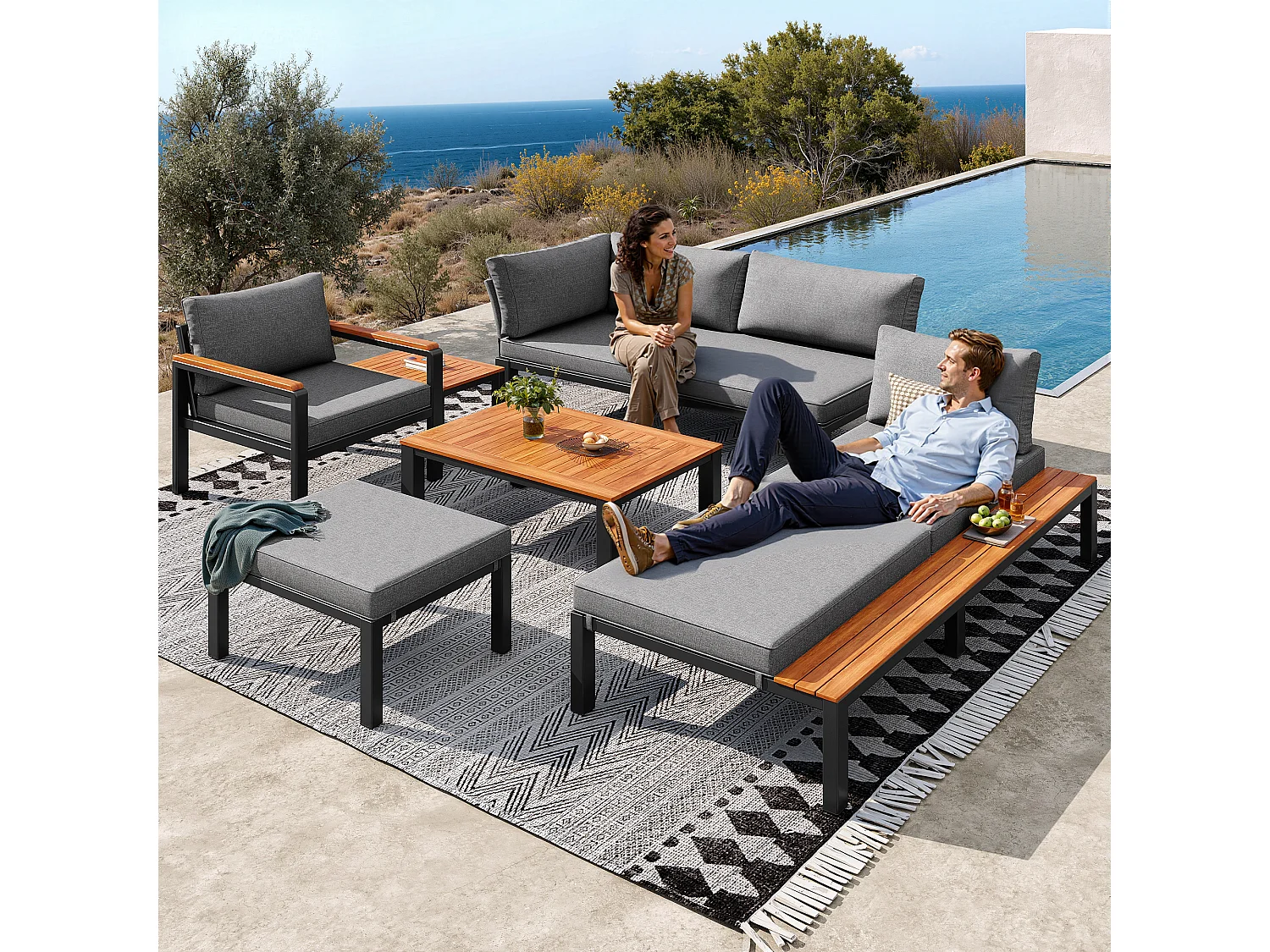 Ensemble de salon de jardin modulable - avec fauteils + table + tabouret + bain de soleil - métal - gris