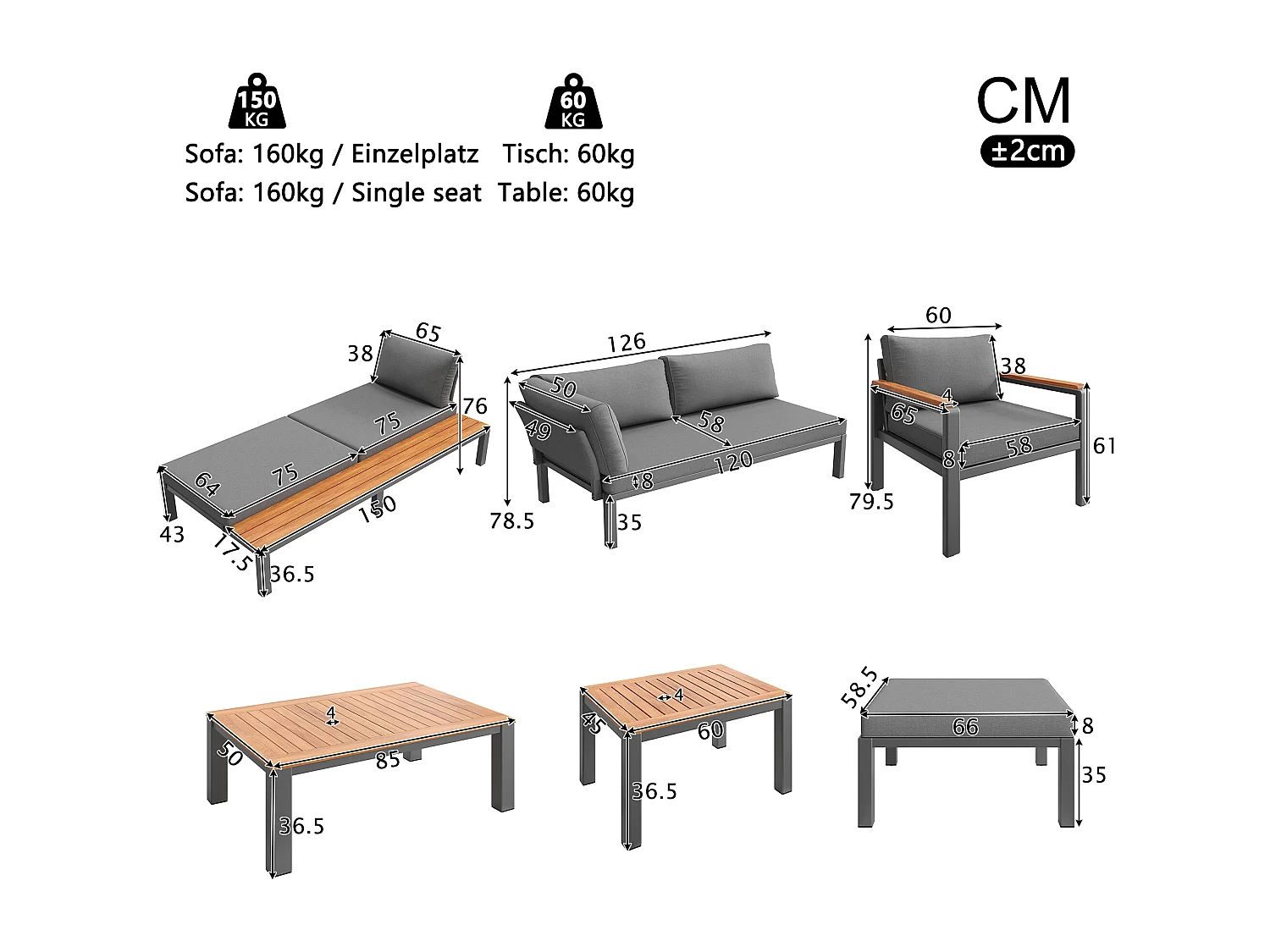 Ensemble de salon de jardin modulable - avec fauteils + table + tabouret + bain de soleil - métal - gris