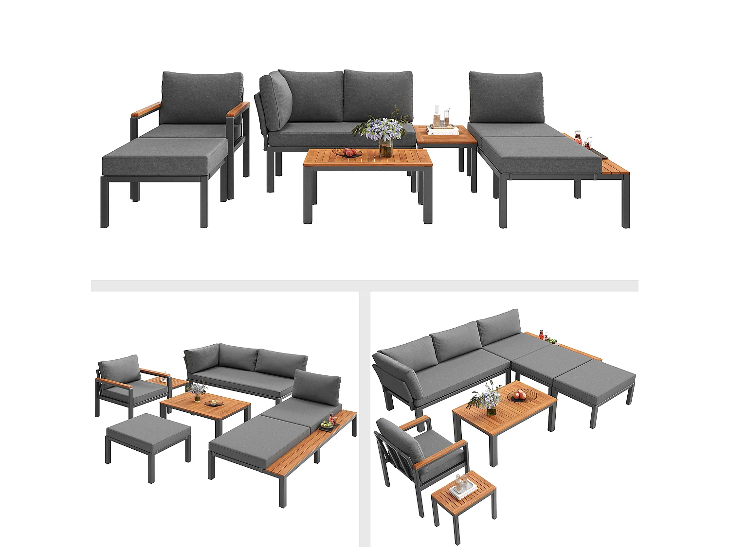 Ensemble de salon de jardin modulable - avec fauteils + table + tabouret + bain de soleil - métal - gris