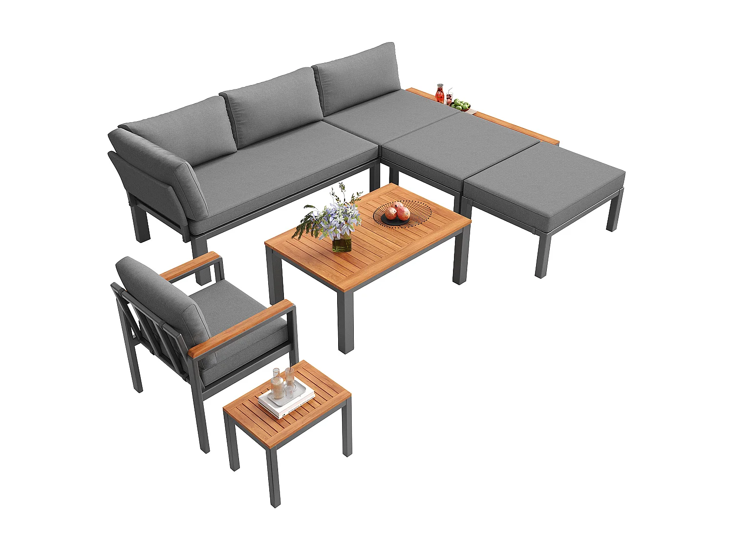 Ensemble de salon de jardin modulable - avec fauteils + table + tabouret + bain de soleil - métal - gris