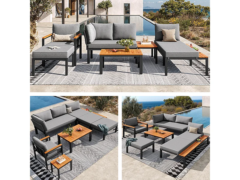 Modulaire tuinset - met fauteuils + tafel + kruk + ligstoel - metaal - grijs