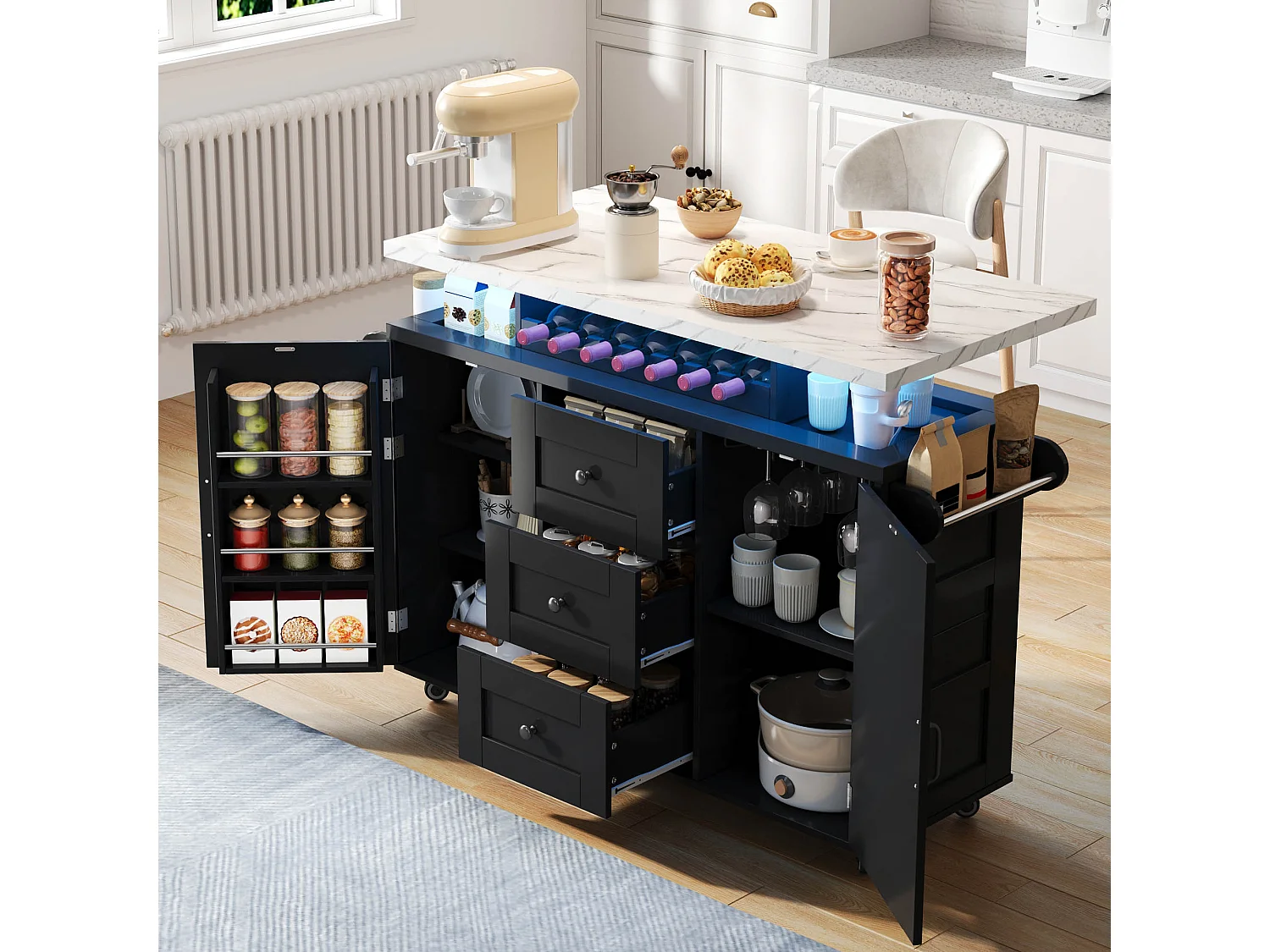 Îlot central mobile avec plan de travail rabattable - 120 x 42/60 x 93 cm - avec 2 portes + 3 tiroirs + Leds - MDF - noir