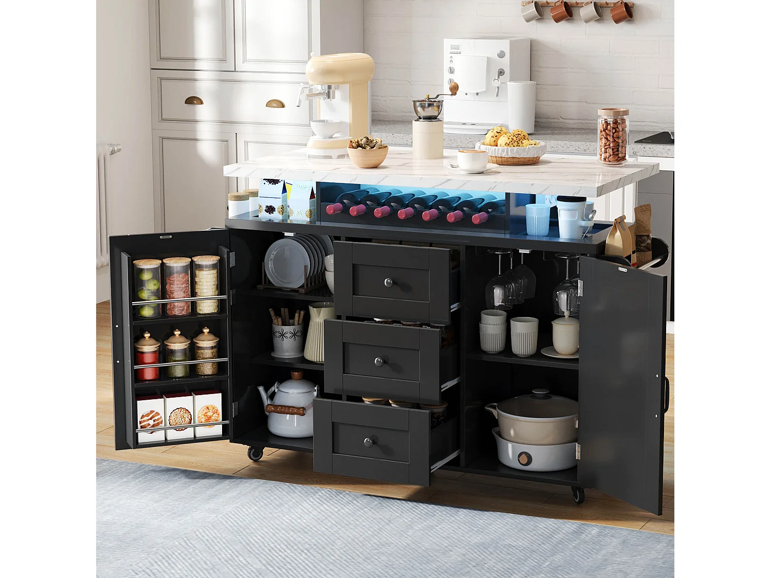 Îlot central mobile avec plan de travail rabattable - 120 x 42/60 x 93 cm - avec 2 portes + 3 tiroirs + Leds - MDF - noir