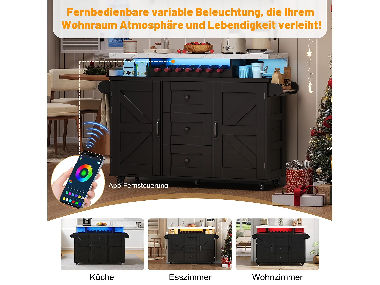 Îlot central mobile avec plan de travail rabattable - 120 x 42/60 x 93 cm - avec 2 portes + 3 tiroirs + Leds - MDF - noir