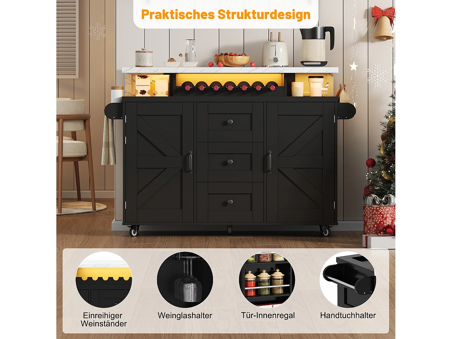 Îlot central mobile avec plan de travail rabattable - 120 x 42/60 x 93 cm - avec 2 portes + 3 tiroirs + Leds - MDF - noir