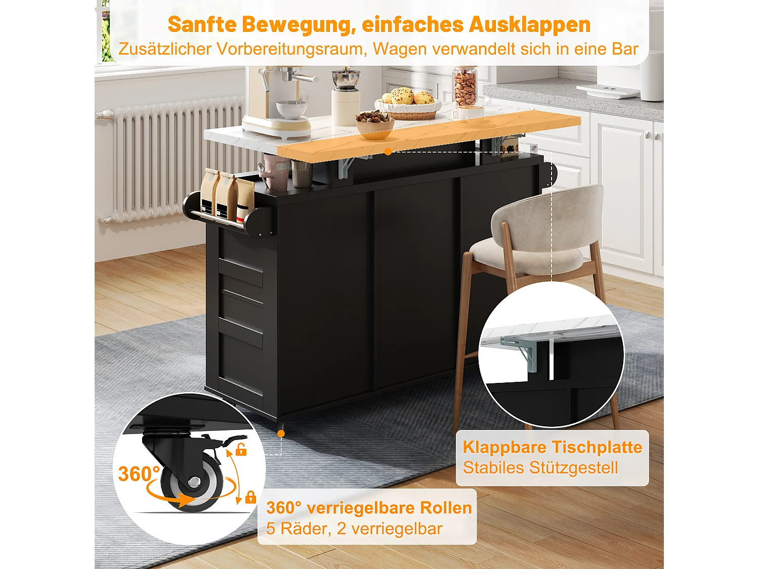 Îlot central mobile avec plan de travail rabattable - 120 x 42/60 x 93 cm - avec 2 portes + 3 tiroirs + Leds - MDF - noir