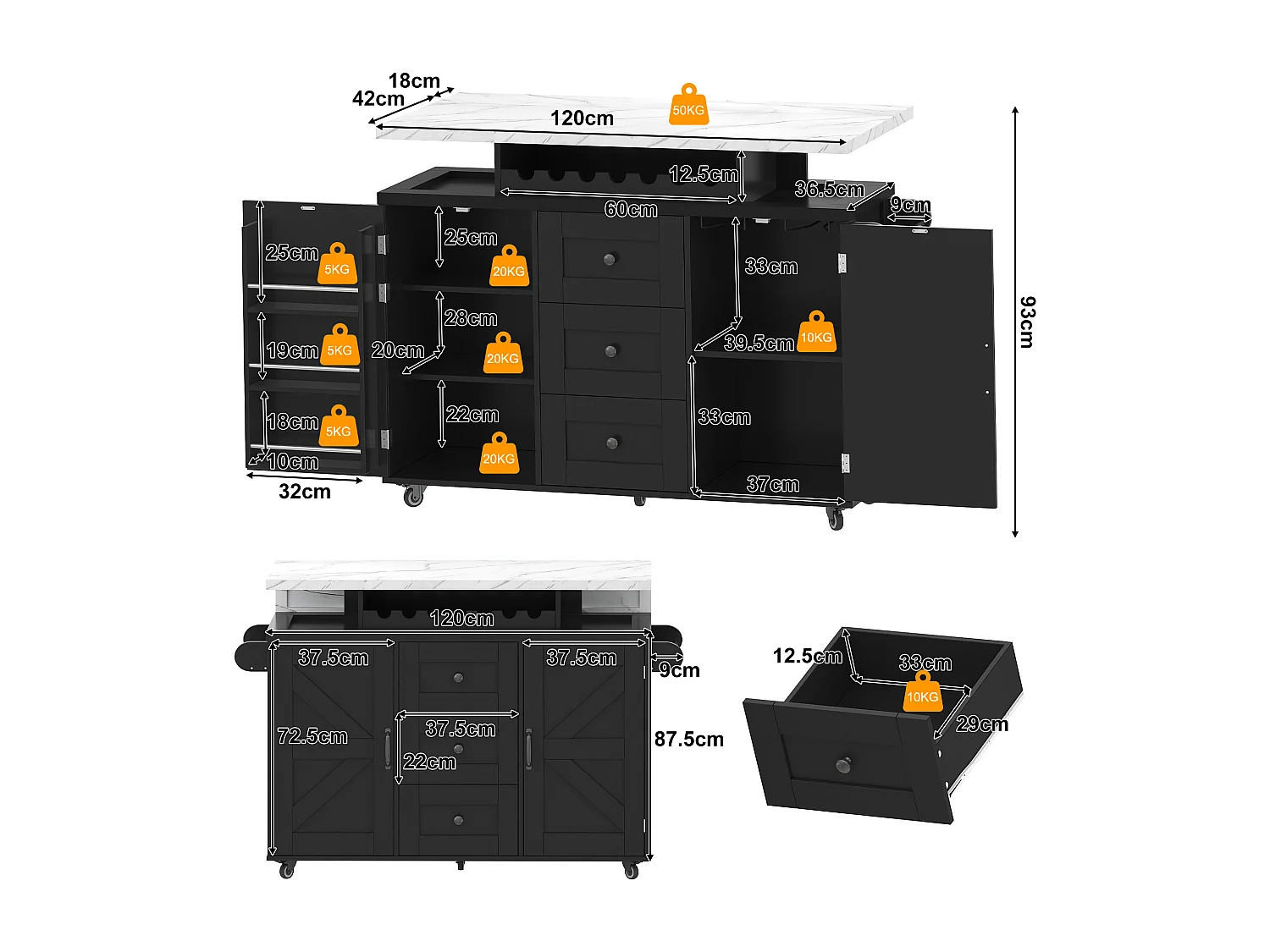Îlot central mobile avec plan de travail rabattable - 120 x 42/60 x 93 cm - avec 2 portes + 3 tiroirs + Leds - MDF - noir