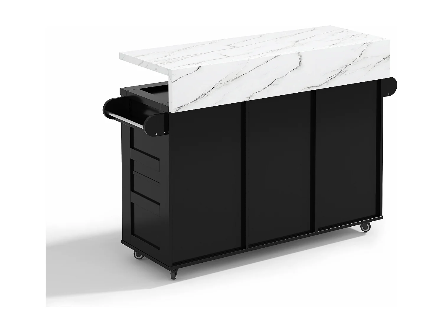 Îlot central mobile avec plan de travail rabattable - 120 x 42/60 x 93 cm - avec 2 portes + 3 tiroirs + Leds - MDF - noir