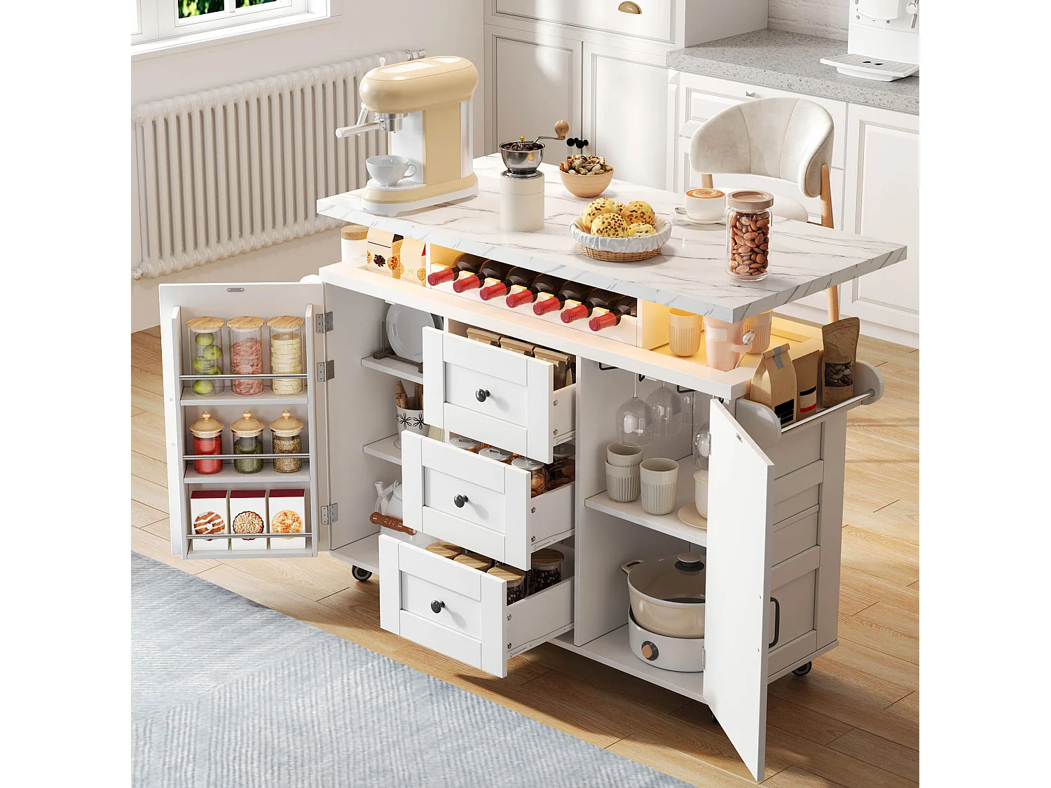 Mobile Kücheninsel mit klappbarer Arbeitsplatte – 120 x 42/60 x 93 cm – mit 2 Türen + 3 Schubladen + LED-Beleuchtung – MDF – weiß