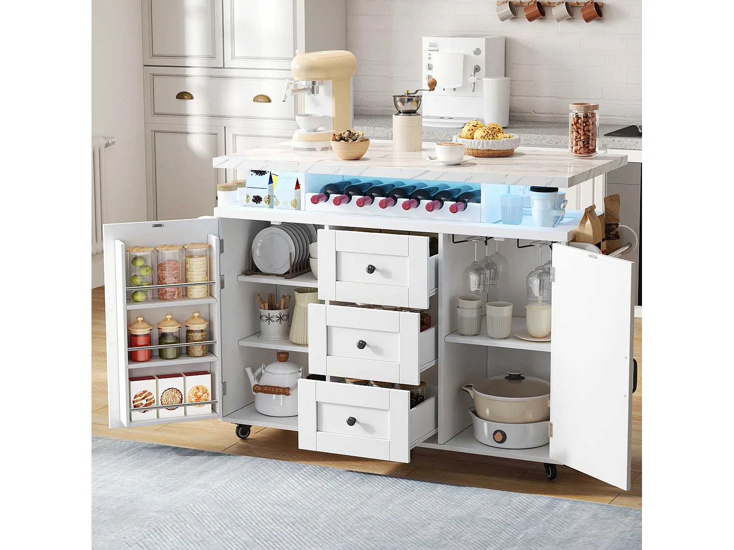 Mobile Kücheninsel mit klappbarer Arbeitsplatte – 120 x 42/60 x 93 cm – mit 2 Türen + 3 Schubladen + LED-Beleuchtung – MDF – weiß