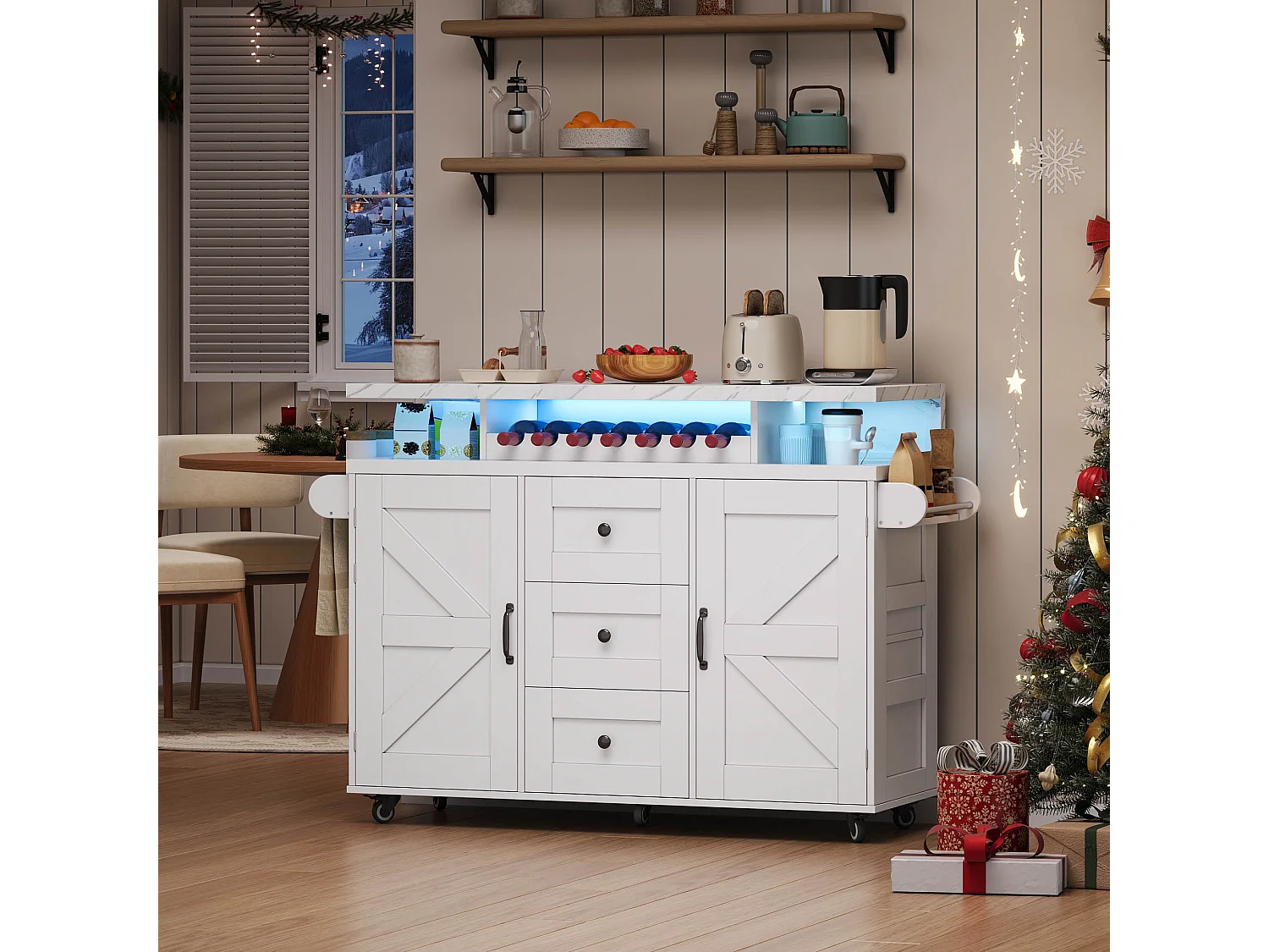 Mobile Kücheninsel mit klappbarer Arbeitsplatte – 120 x 42/60 x 93 cm – mit 2 Türen + 3 Schubladen + LED-Beleuchtung – MDF – weiß