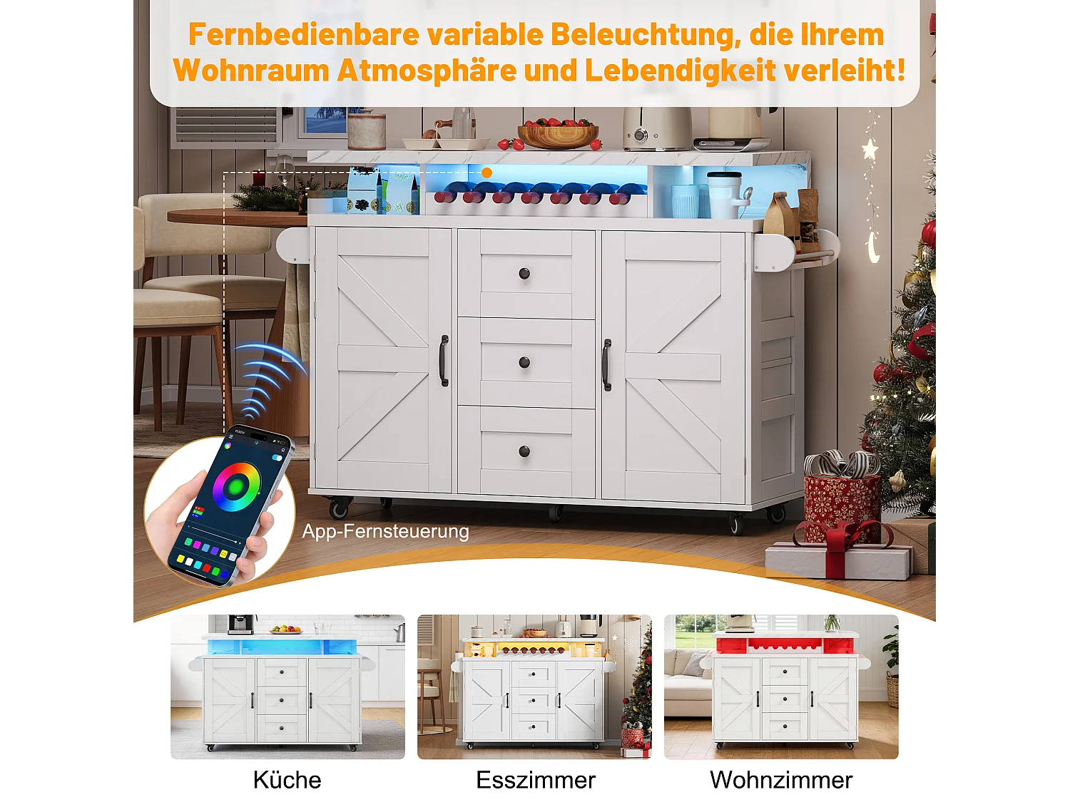 Mobile Kücheninsel mit klappbarer Arbeitsplatte – 120 x 42/60 x 93 cm – mit 2 Türen + 3 Schubladen + LED-Beleuchtung – MDF – weiß