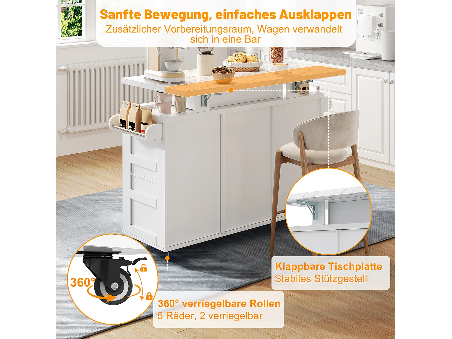 Mobile Kücheninsel mit klappbarer Arbeitsplatte – 120 x 42/60 x 93 cm – mit 2 Türen + 3 Schubladen + LED-Beleuchtung – MDF – weiß