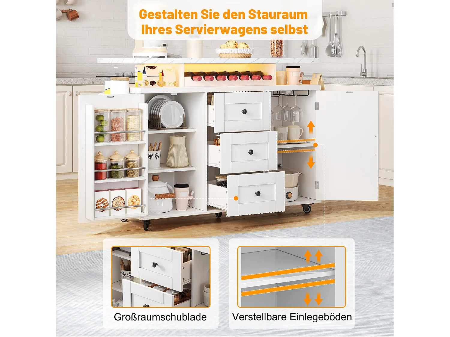 Mobile Kücheninsel mit klappbarer Arbeitsplatte – 120 x 42/60 x 93 cm – mit 2 Türen + 3 Schubladen + LED-Beleuchtung – MDF – weiß