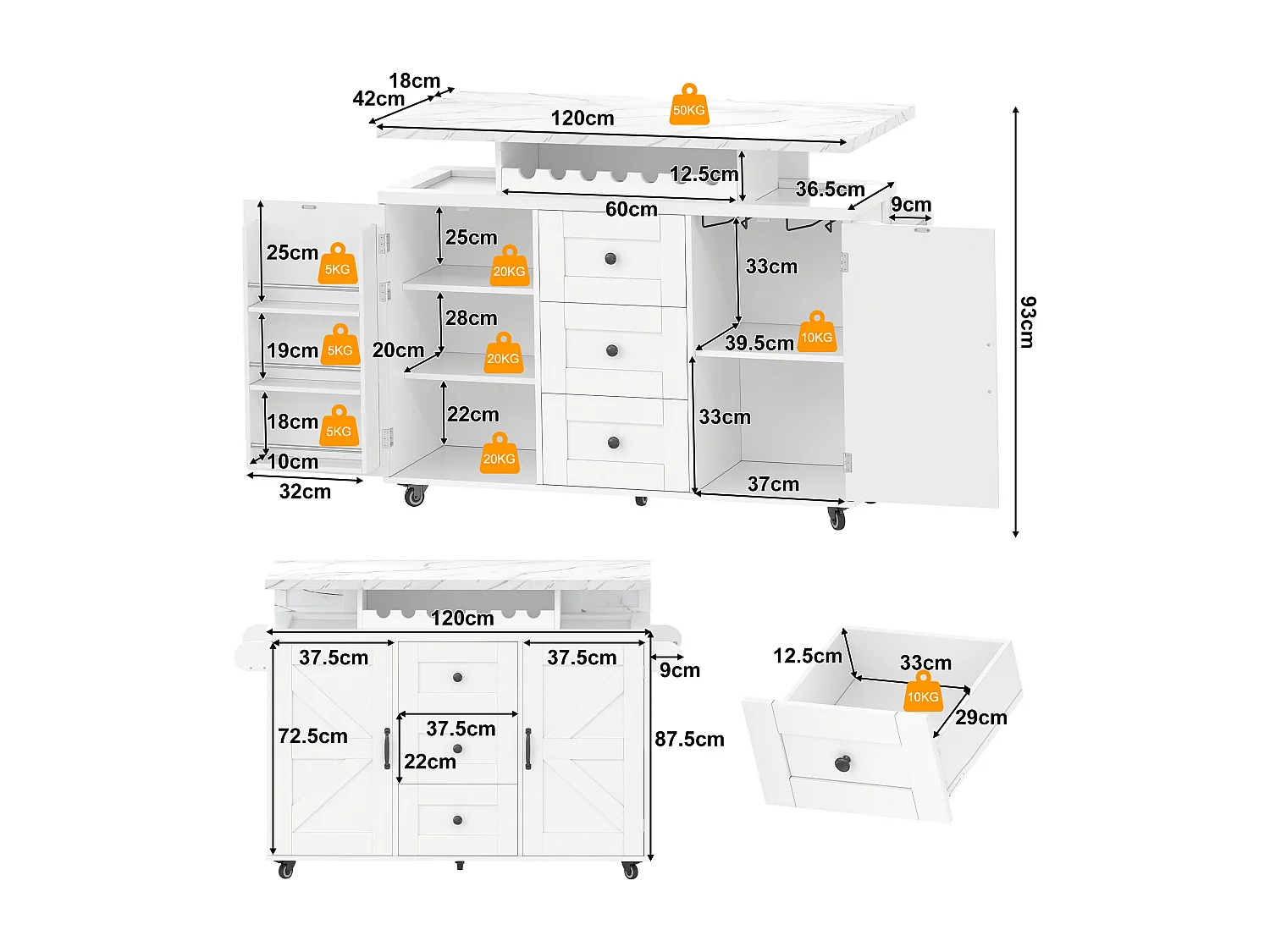 Mobile Kücheninsel mit klappbarer Arbeitsplatte – 120 x 42/60 x 93 cm – mit 2 Türen + 3 Schubladen + LED-Beleuchtung – MDF – weiß