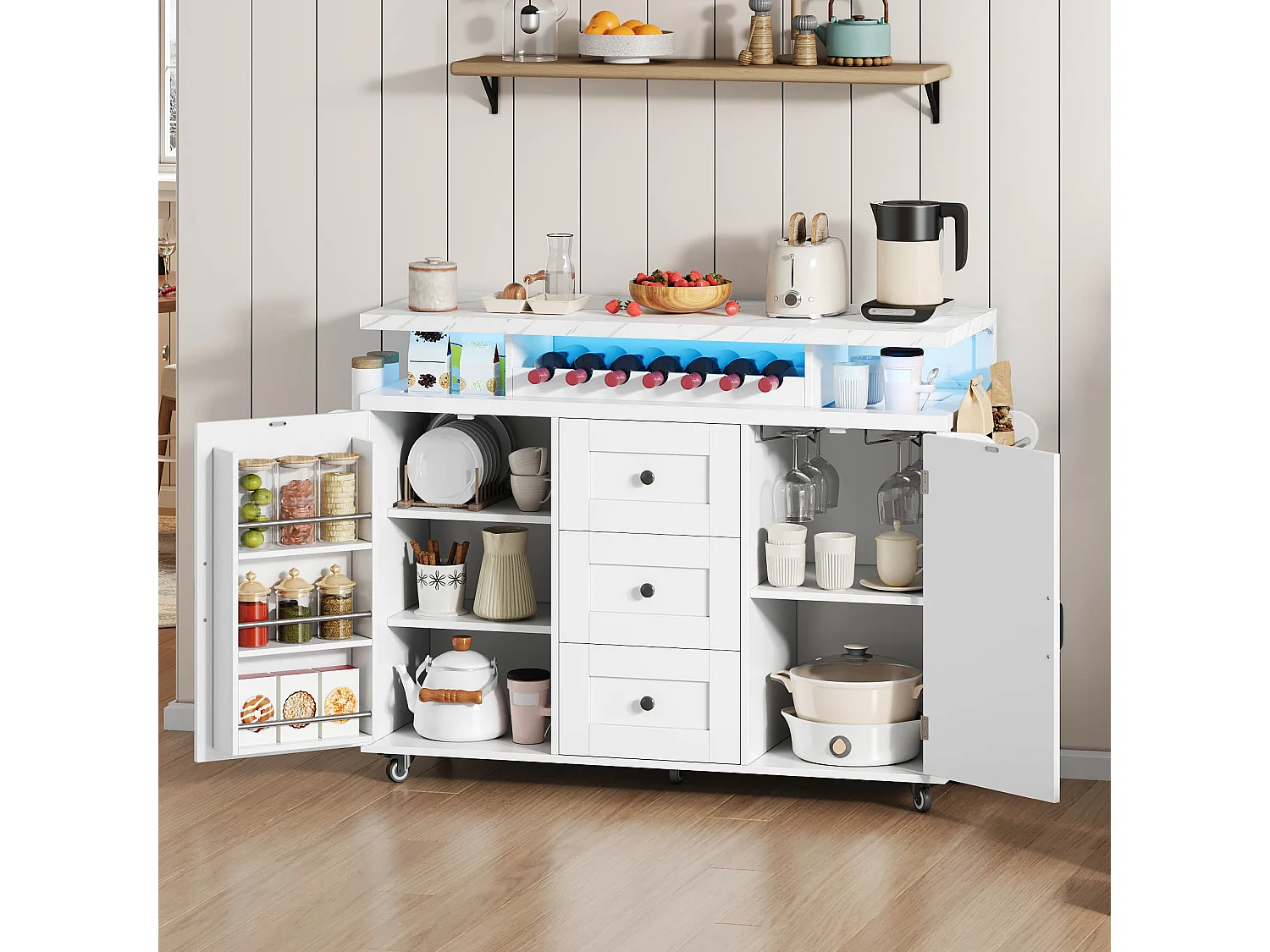 Mobile Kücheninsel mit klappbarer Arbeitsplatte – 120 x 42/60 x 93 cm – mit 2 Türen + 3 Schubladen + LED-Beleuchtung – MDF – weiß