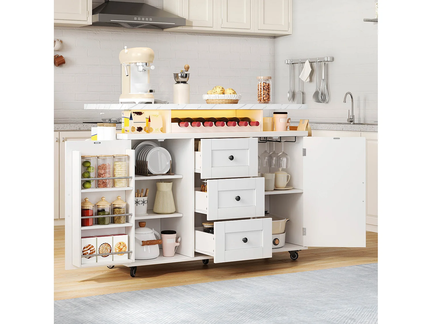 Mobile Kücheninsel mit klappbarer Arbeitsplatte – 120 x 42/60 x 93 cm – mit 2 Türen + 3 Schubladen + LED-Beleuchtung – MDF – weiß