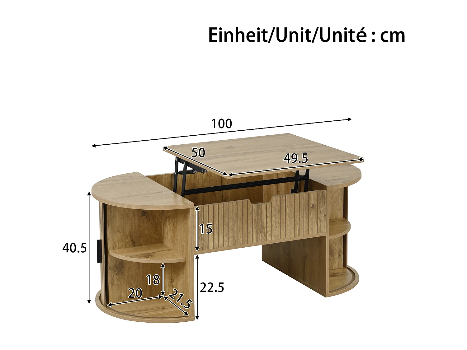 Couchtisch mit Hebemechanismus für das Wohnzimmer – 100 x 50 x 40,5 cm – mit verdecktem Stauraum und Schiebetüren – MDF – natur