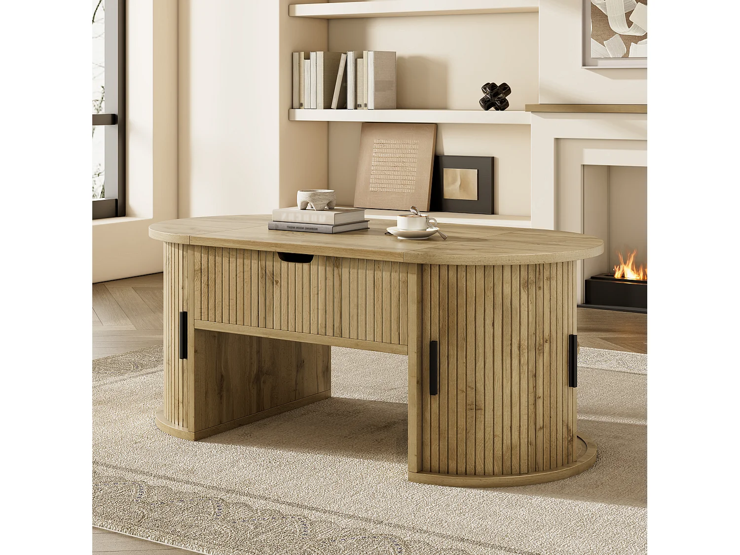 Couchtisch mit Hebemechanismus für das Wohnzimmer – 100 x 50 x 40,5 cm – mit verdecktem Stauraum und Schiebetüren – MDF – natur