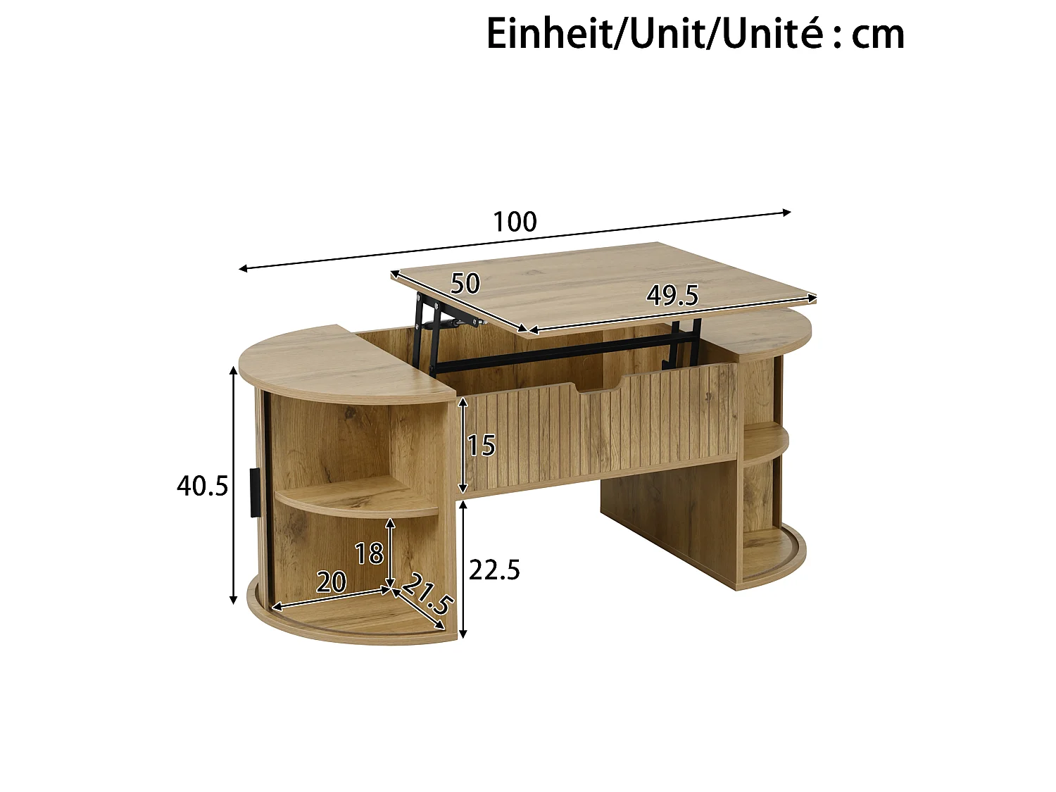 Mesa de centro elevable para salón - 100 x 50 x 40,5 cm - con almacenaje oculto y puertas correderas - MDF - natural