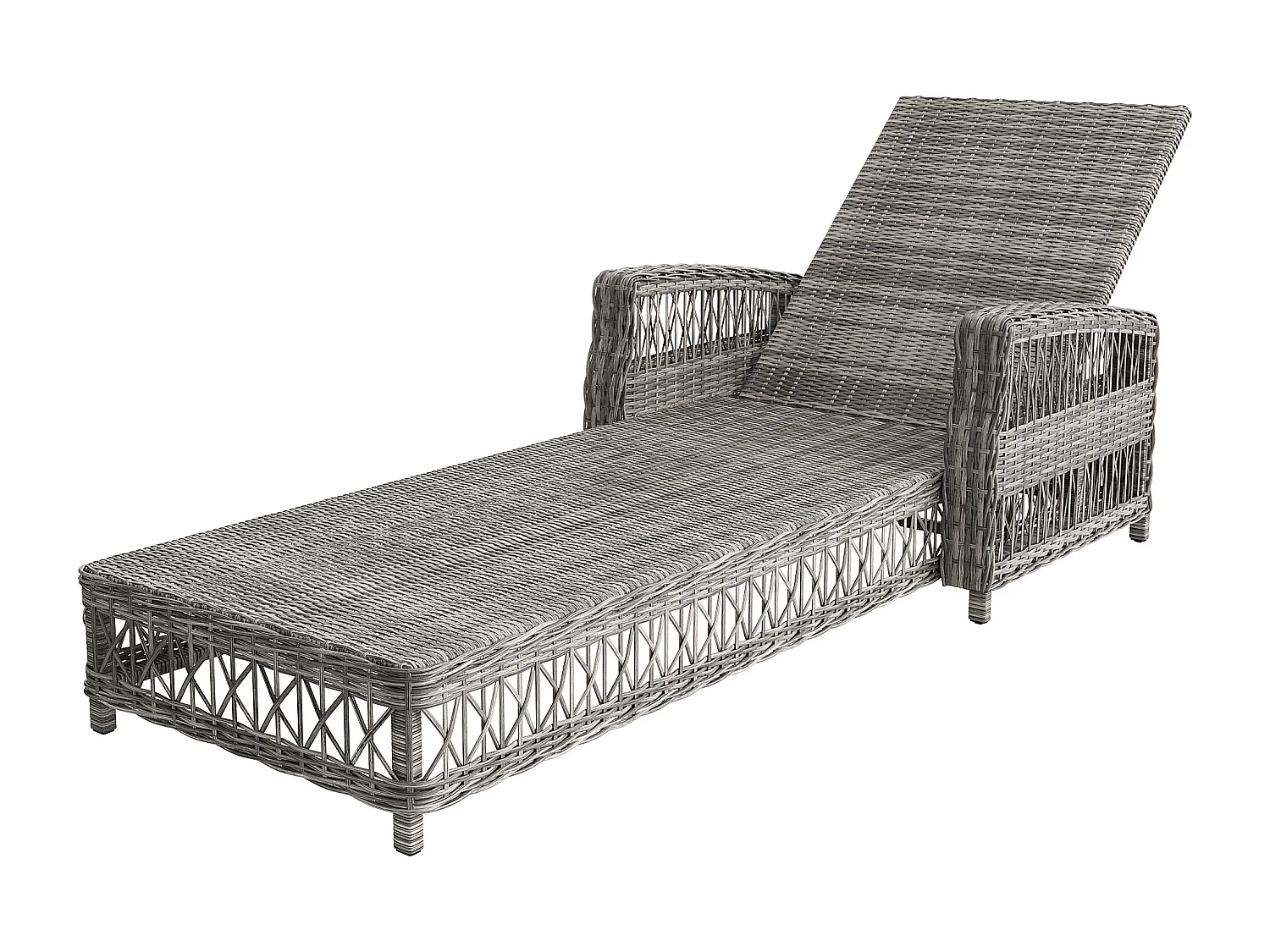 Leżak rattanowy (2 sztuki) - 2 x 192 x 70 x 58 cm - z regulowanym oparciem + zdejmowana poduszka - metal + tworzywo sztuczne - szary