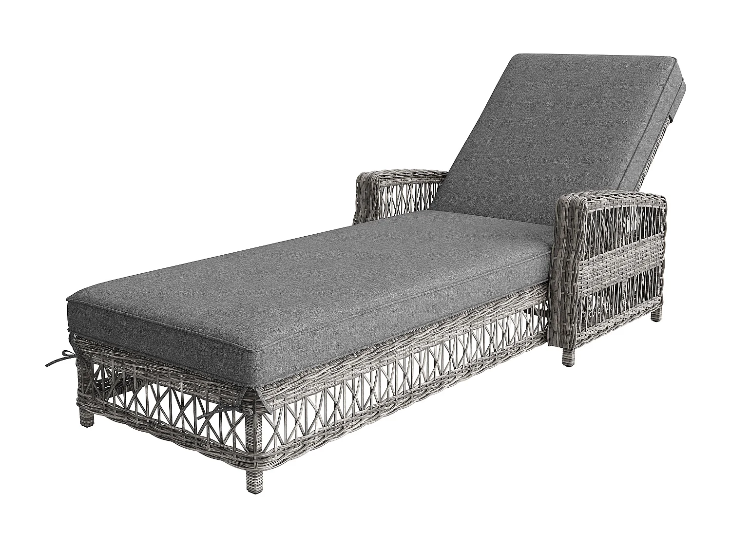 Leżak rattanowy (2 sztuki) - 2 x 192 x 70 x 58 cm - z regulowanym oparciem + zdejmowana poduszka - metal + tworzywo sztuczne - szary