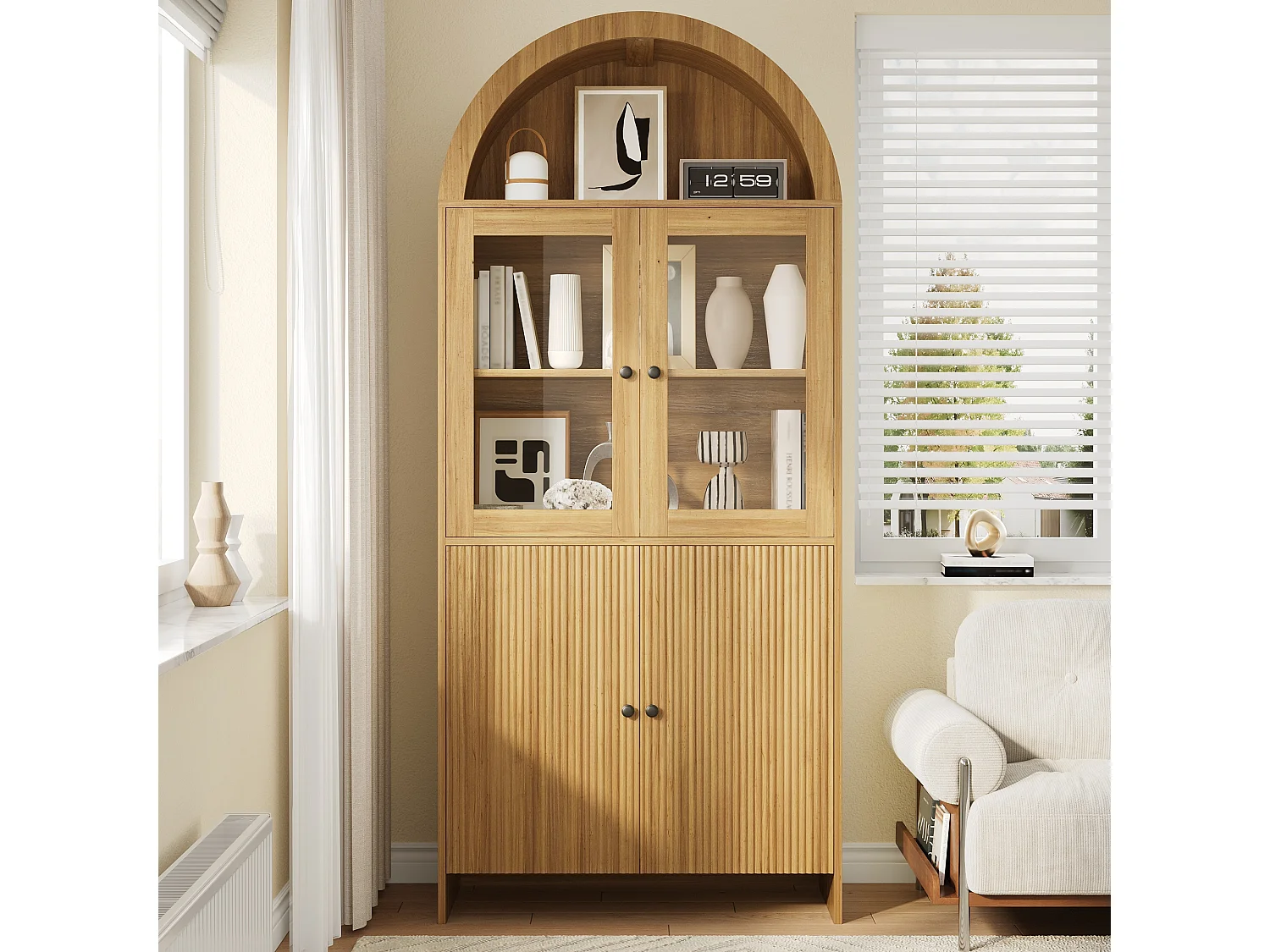 Buffet meuble de salon de rangement - 78 x 40 x 176 cm - avec portes vitrées - fermé à motif ondulé - aggloméré - naturel