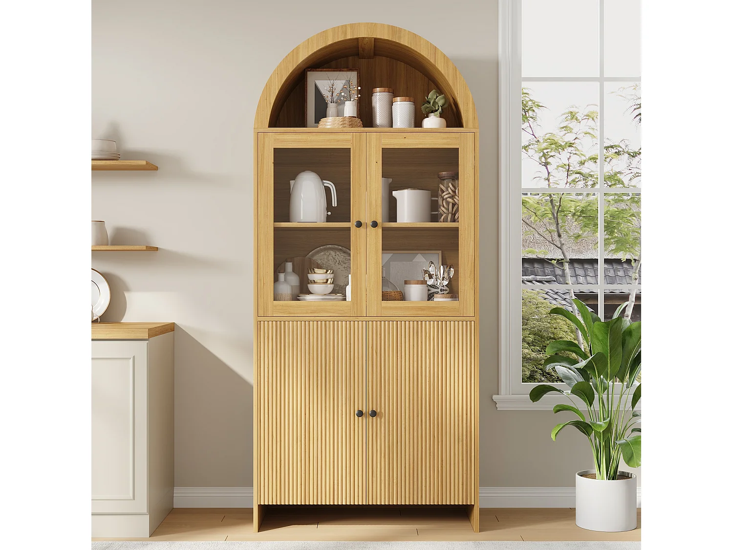 Buffet meuble de salon de rangement - 78 x 40 x 176 cm - avec portes vitrées - fermé à motif ondulé - aggloméré - naturel