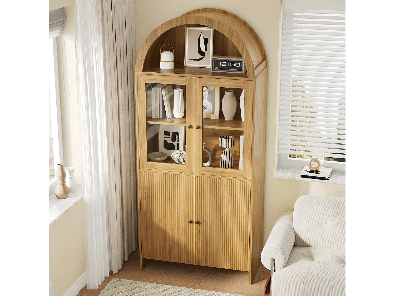 Buffet meuble de salon de rangement - 78 x 40 x 176 cm - avec portes vitrées - fermé à motif ondulé - aggloméré - naturel