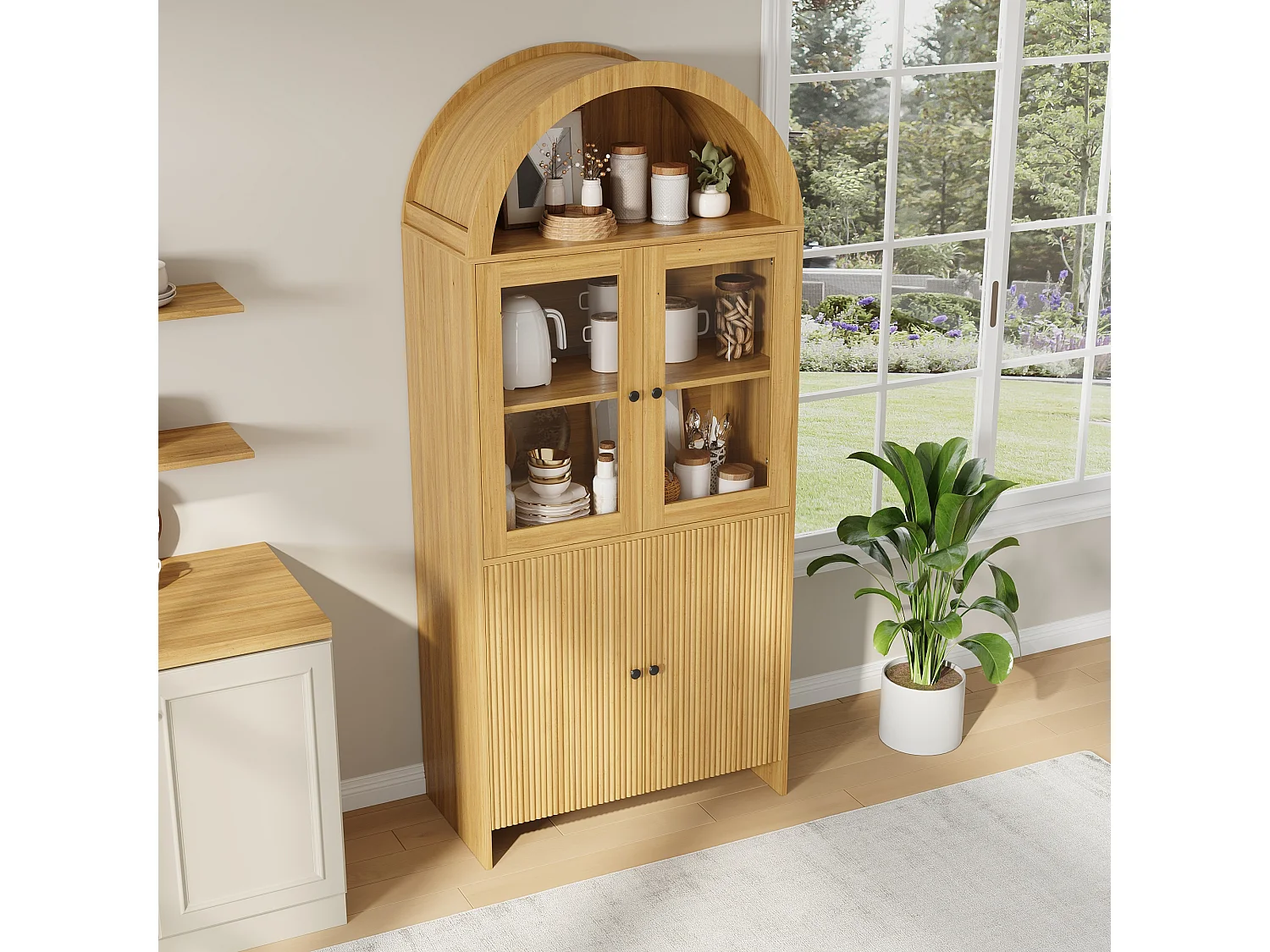 Buffet meuble de salon de rangement - 78 x 40 x 176 cm - avec portes vitrées - fermé à motif ondulé - aggloméré - naturel