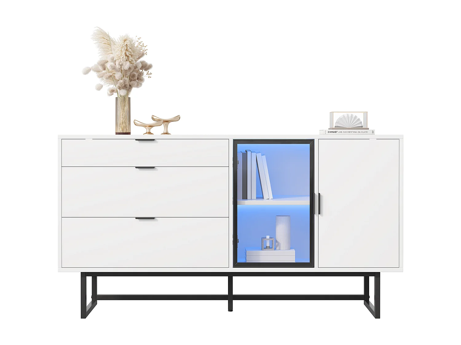 Buffet moderne et luxueux - 160 x 36 x 78 cm - avec 3 tiroirs + portes vitrées + Leds - MDF + aggloméré - blanc