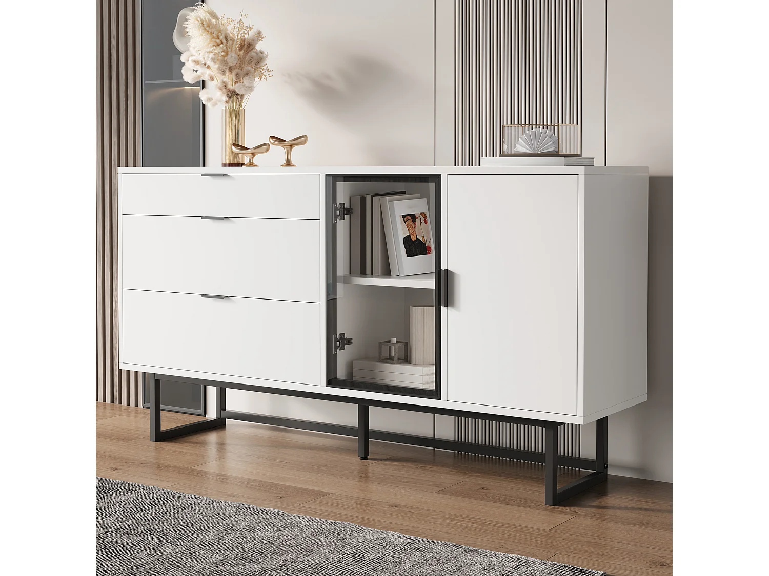 Buffet moderne et luxueux - 160 x 36 x 78 cm - avec 3 tiroirs + portes vitrées + Leds - MDF + aggloméré - blanc