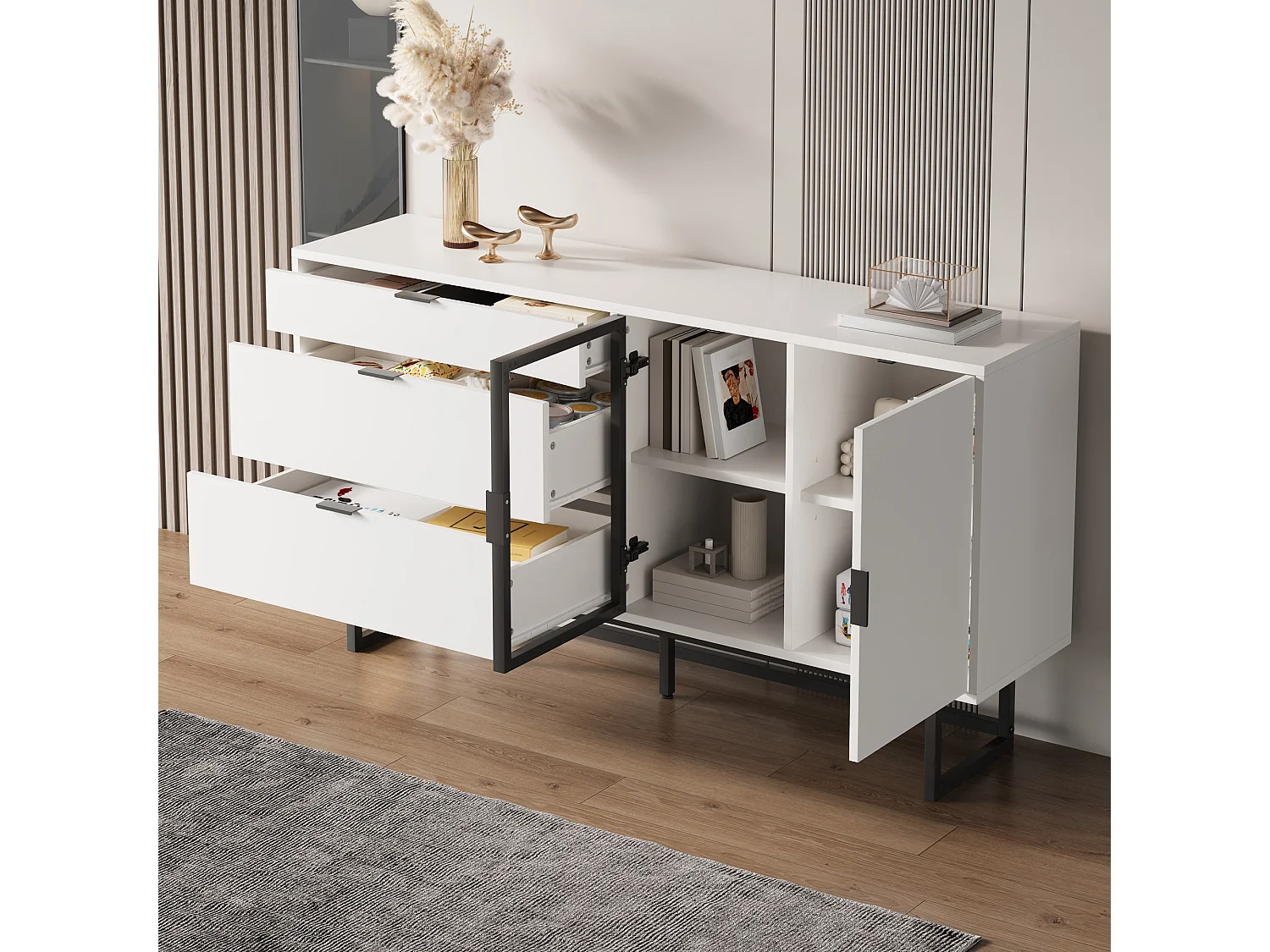 Buffet moderne et luxueux - 160 x 36 x 78 cm - avec 3 tiroirs + portes vitrées + Leds - MDF + aggloméré - blanc